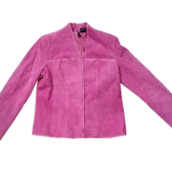 new directions Jackets & Blazers - Pink Ruffle Suede Jacket Petite Size M Fitted Hook Front Y2K Feminine Soft Girl